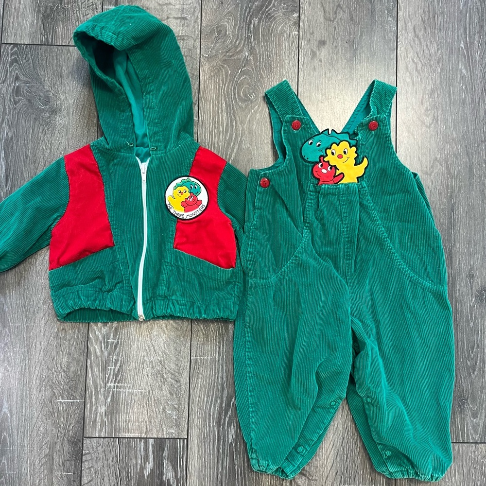 Vintage 90s The Three Monsters Overall And Jacket Matching Set Size 18 Months
